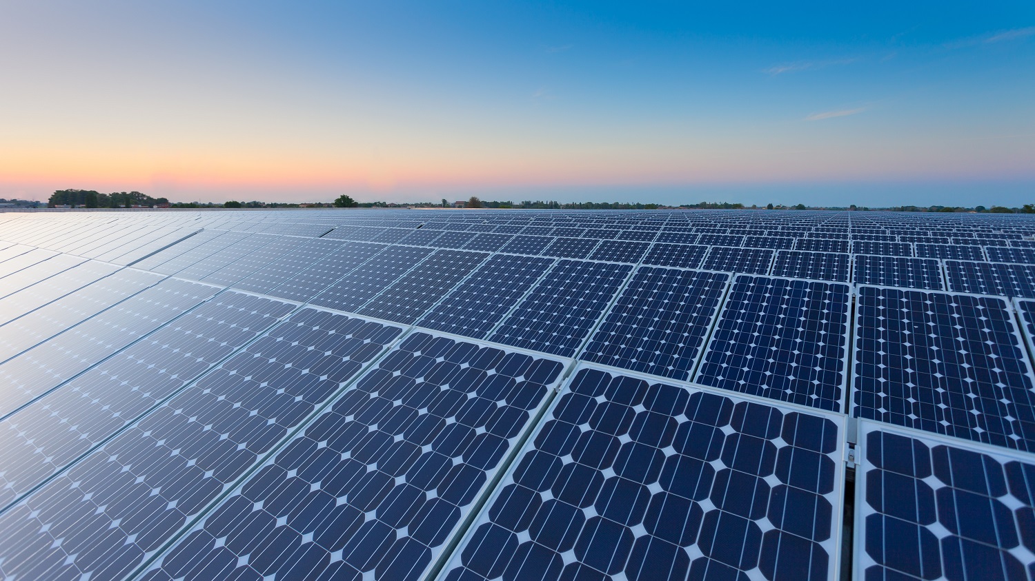 Rows of solar panels stretching across an open landscape at sunset, with a clear sky fading from blue to soft orange.